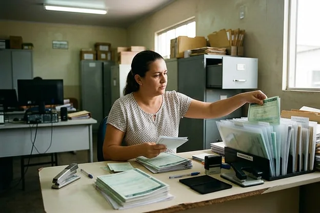 Documentos veiculares organizados em uma mesa.